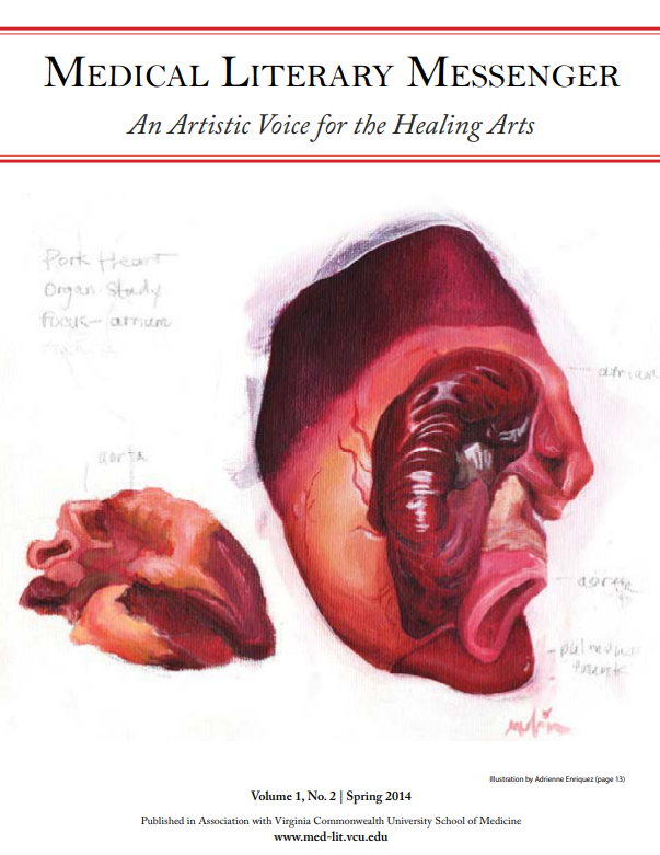 Painting with labels of the different parts of a pork heart on a white background, the MLM banner is above the painting