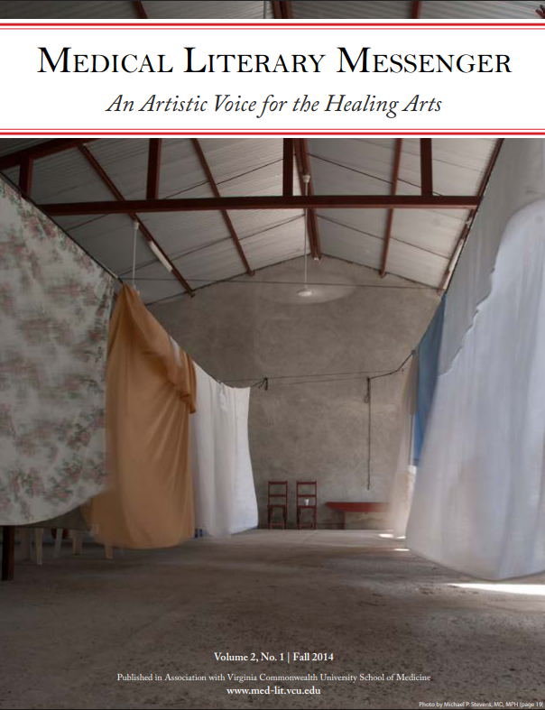 Photo of a large room with curtains of varying patterns hung up as dividers and a ceiling fan and some furniture visible in the background, the MLM banner is over the top of the photo
