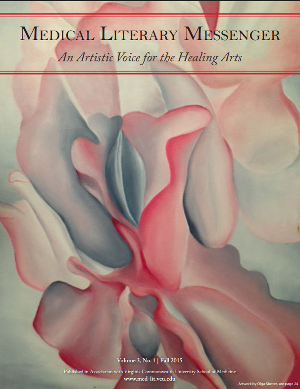 Abstract painting using mainly pink and gray colors, the MLM banner text is displayed over the top of the painting