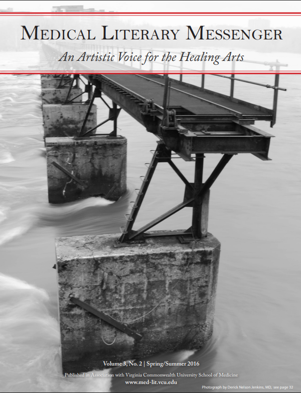 Black and white photo of an old bridge over a flowing river, with trees and city buildings visible in the background, the MLM banner is over the top of the photo