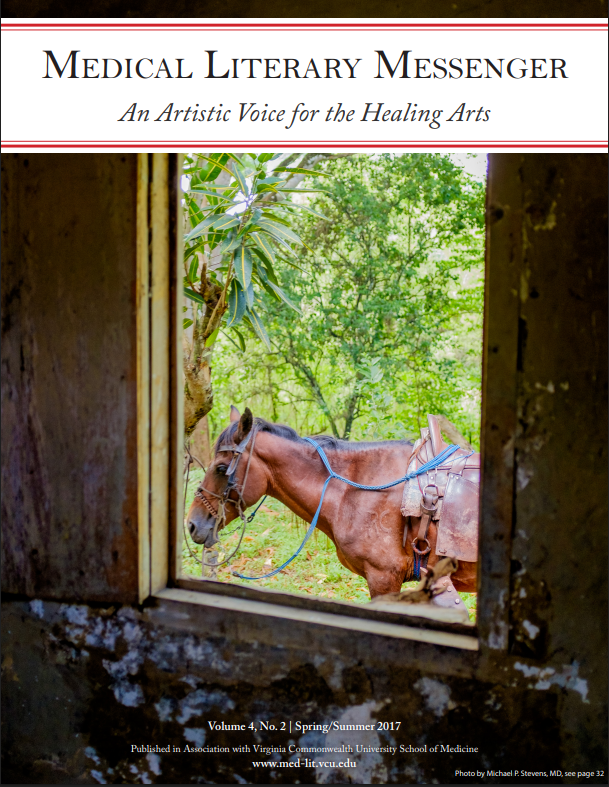 Photo of a view through a window of a domestic horse with bright green trees in the background, the MLM banner is over the top of the photo