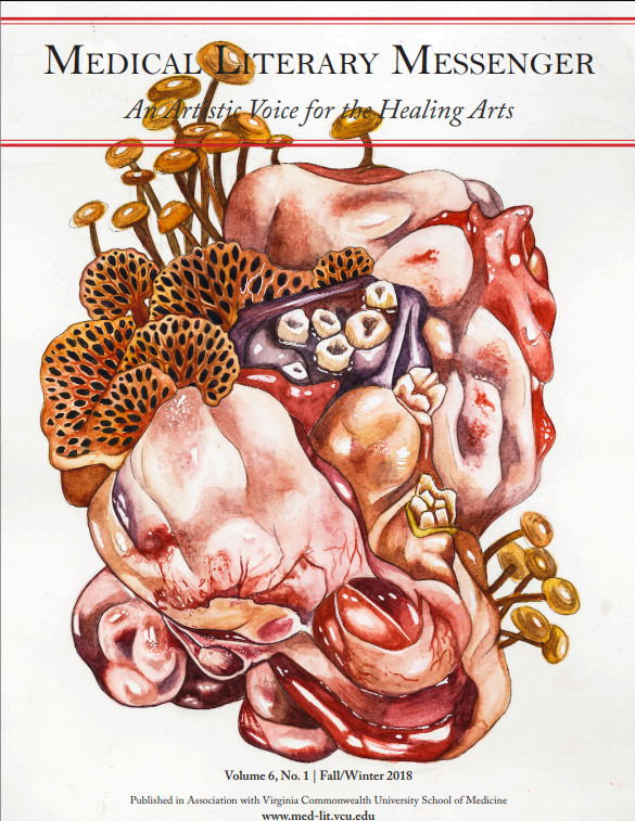 Artwork done in mostly warm colors featuring elements of nature and the human body, the MLM banner is over the top of the artwork