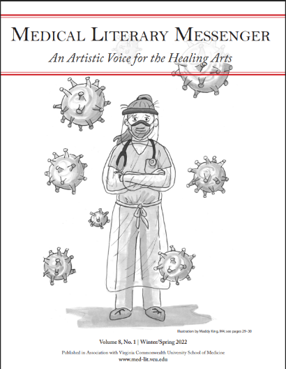 Black and white illustration of a girl in full medical attire surrounded by large floating viruses, the MLM banner is over the top of the illustration