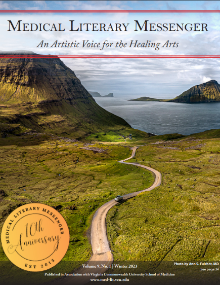 Long, winding road through a sunlit landscape with an island visible in the distance, the MLM banner is over the top of the photo